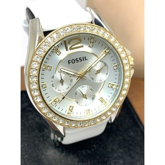 Fossil Women\'s Watch ES3204 Riley Quartz Gemmed Two Tone White Leather Band 38mm main image 4